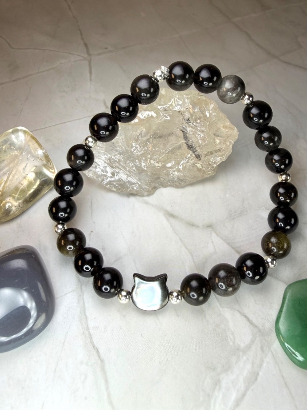 Silver Obsidian 8mm Cat Head Bracelet